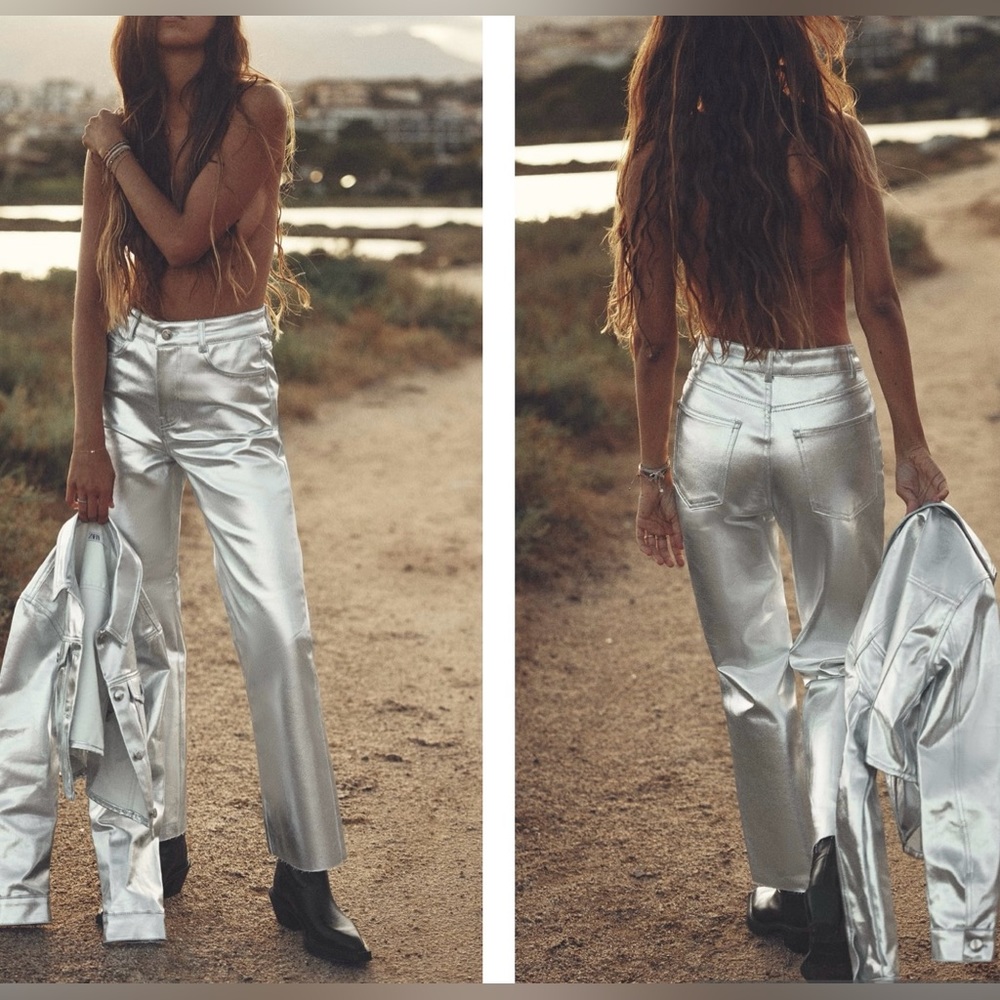 NWT Zara Z1975 High Rise 100% Cotton METALLIC SILVER Denim Size 2/Small Straight